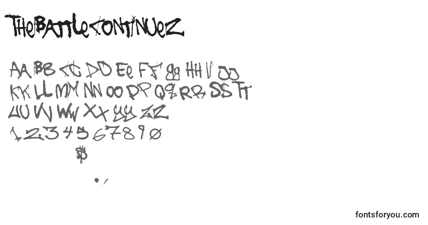 Schriftart TheBattleContinuez – Alphabet, Zahlen, spezielle Symbole