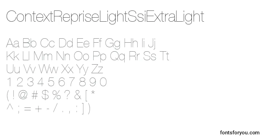 A fonte ContextRepriseLightSsiExtraLight – alfabeto, números, caracteres especiais