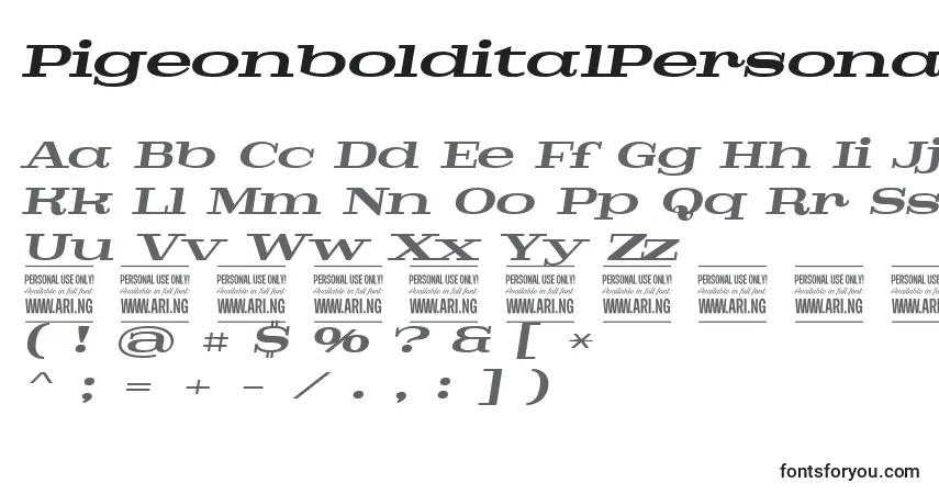 Czcionka PigeonbolditalPersonal – alfabet, cyfry, specjalne znaki