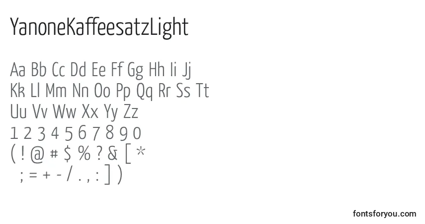 A fonte YanoneKaffeesatzLight – alfabeto, números, caracteres especiais