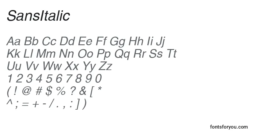 Schriftart SansItalic – Alphabet, Zahlen, spezielle Symbole