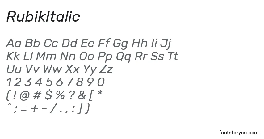 Шрифт RubikItalic – алфавит, цифры, специальные символы