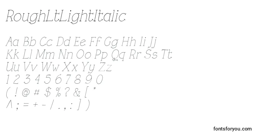 Schriftart RoughLtLightItalic – Alphabet, Zahlen, spezielle Symbole