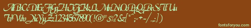 フォントRoslagenRegular – 緑色の文字が茶色の背景にあります。