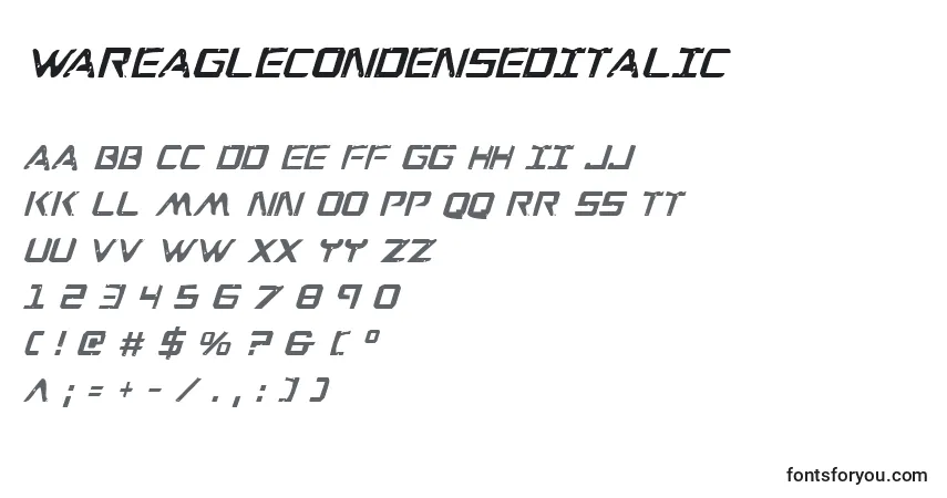 A fonte WarEagleCondensedItalic – alfabeto, números, caracteres especiais