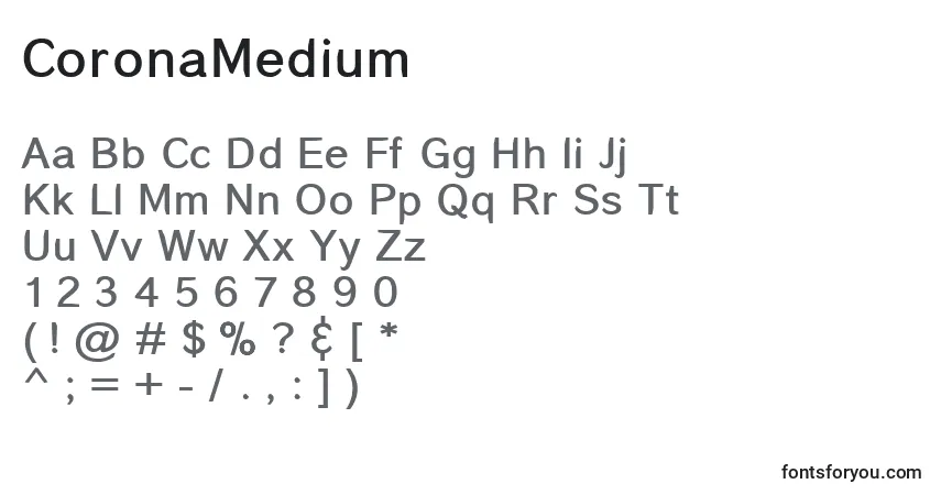 Шрифт CoronaMedium – алфавит, цифры, специальные символы