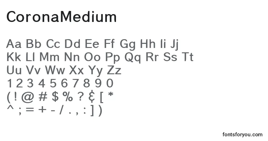 Czcionka CoronaMedium – alfabet, cyfry, specjalne znaki