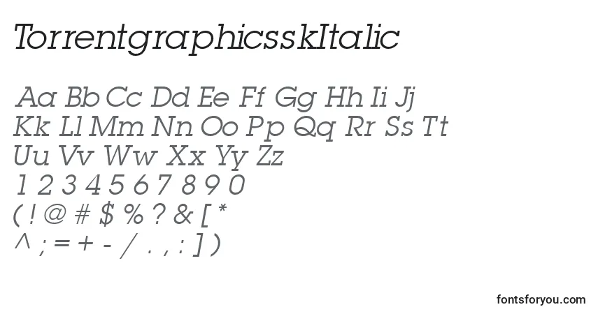 Czcionka TorrentgraphicsskItalic – alfabet, cyfry, specjalne znaki