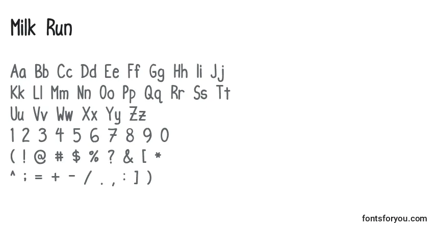 Czcionka Milk Run – alfabet, cyfry, specjalne znaki