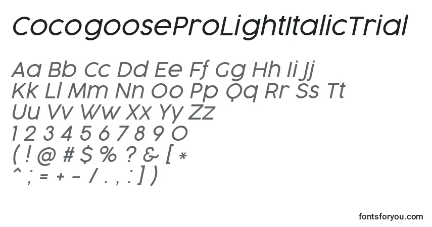 Czcionka CocogooseProLightItalicTrial – alfabet, cyfry, specjalne znaki