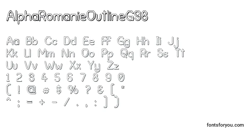 Czcionka AlphaRomanieOutlineG98 – alfabet, cyfry, specjalne znaki