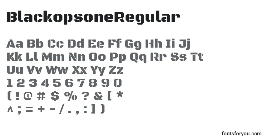 A fonte BlackopsoneRegular – alfabeto, números, caracteres especiais