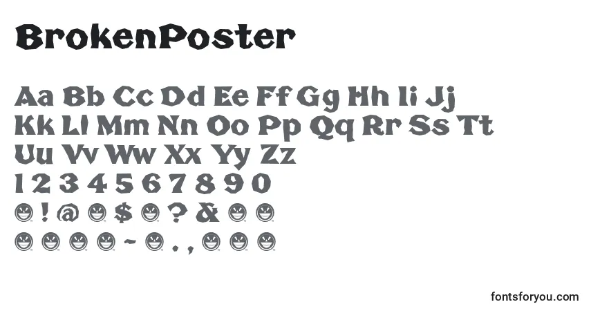 Schriftart BrokenPoster – Alphabet, Zahlen, spezielle Symbole