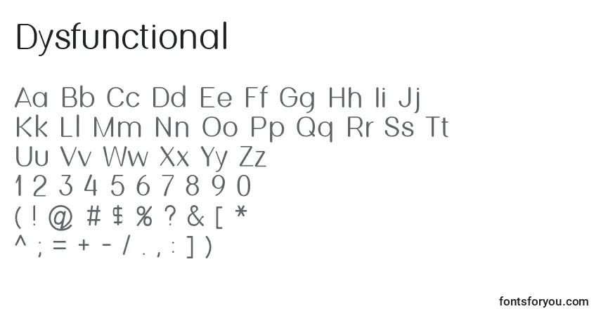 Schriftart Dysfunctional (69615) – Alphabet, Zahlen, spezielle Symbole