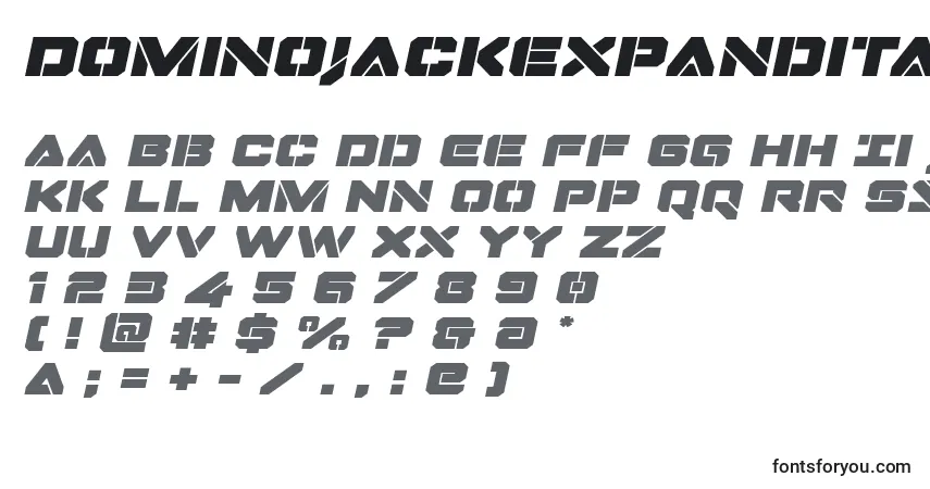 Schriftart Dominojackexpandital – Alphabet, Zahlen, spezielle Symbole