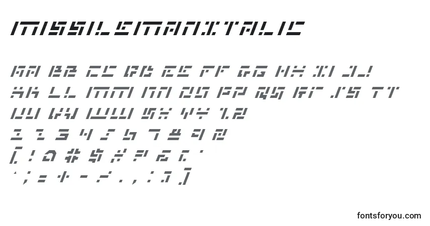 Schriftart MissileManItalic – Alphabet, Zahlen, spezielle Symbole
