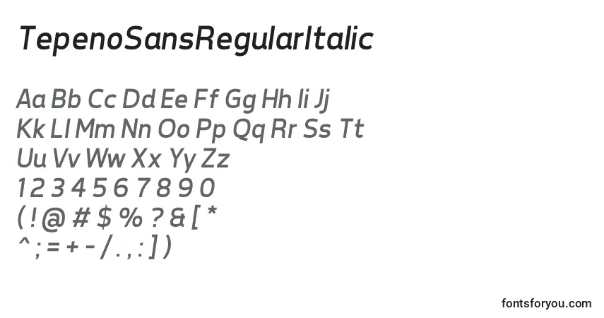 Czcionka TepenoSansRegularItalic – alfabet, cyfry, specjalne znaki