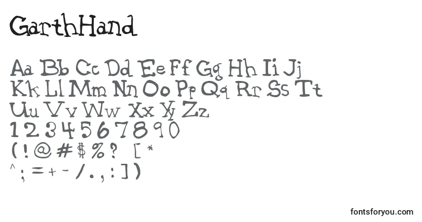 Czcionka GarthHand – alfabet, cyfry, specjalne znaki
