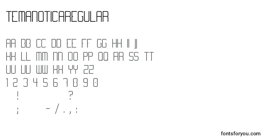 Schriftart Temanoticaregular – Alphabet, Zahlen, spezielle Symbole
