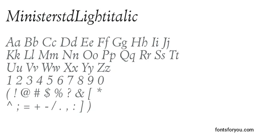 Шрифт MinisterstdLightitalic – алфавит, цифры, специальные символы