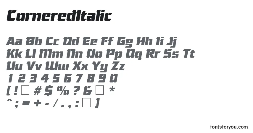 A fonte CorneredItalic – alfabeto, números, caracteres especiais