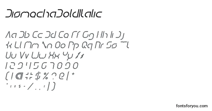 Czcionka DismechaBoldItalic – alfabet, cyfry, specjalne znaki