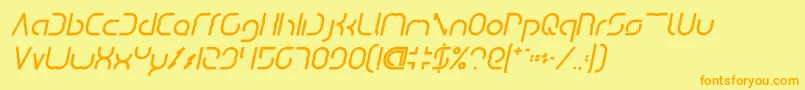 DismechaBoldItalic-Schriftart – Orangefarbene Schriften auf gelbem Hintergrund