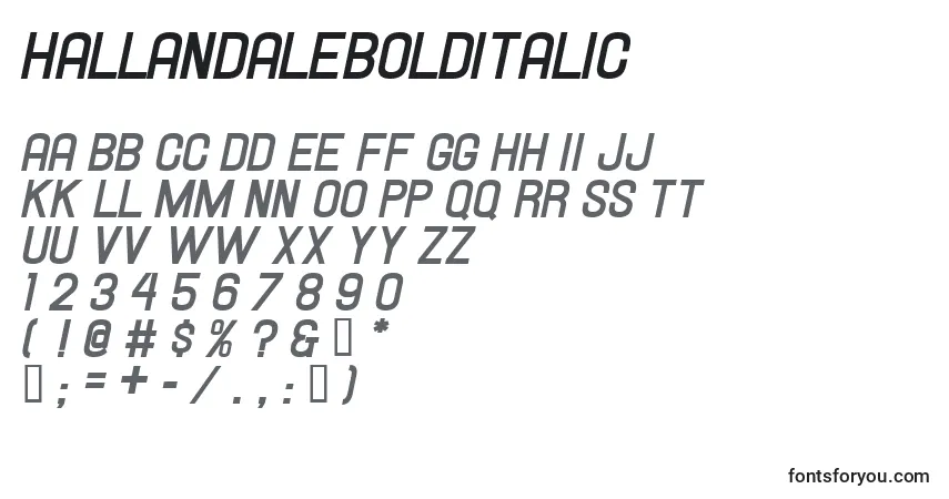 Czcionka Hallandalebolditalic – alfabet, cyfry, specjalne znaki