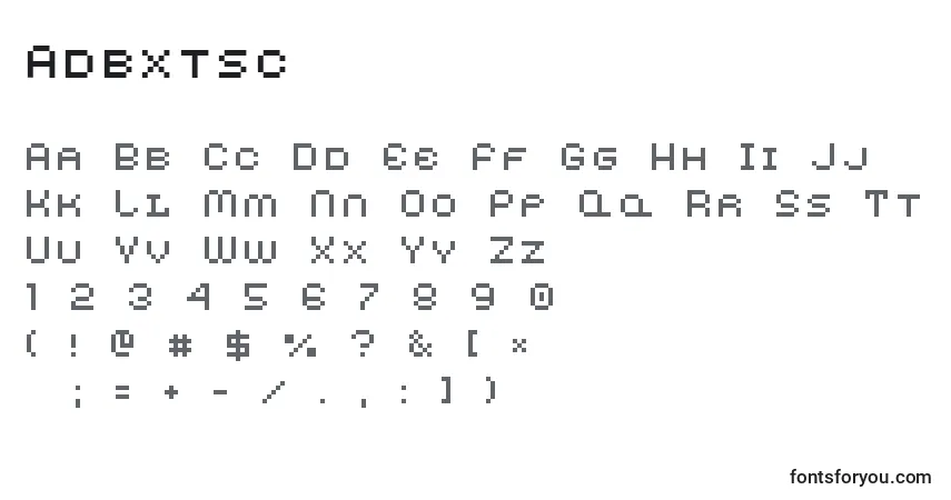 Czcionka Adbxtsc – alfabet, cyfry, specjalne znaki