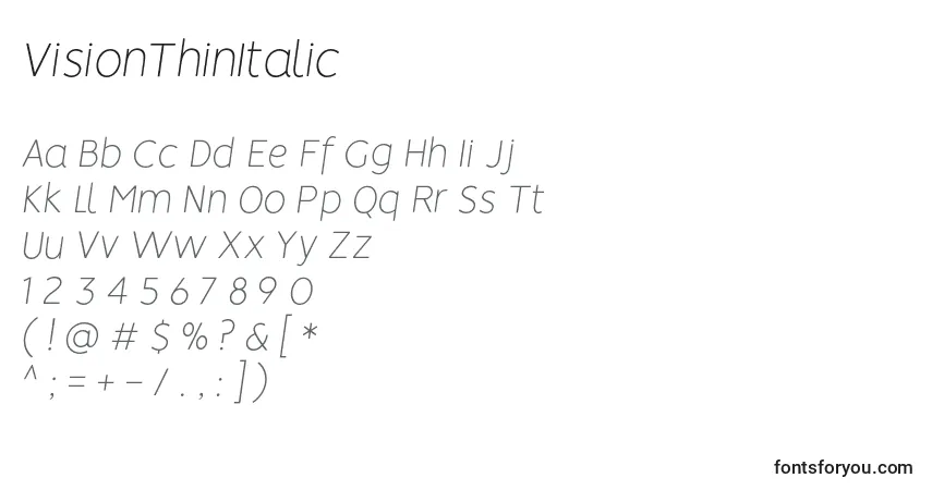 Schriftart VisionThinItalic – Alphabet, Zahlen, spezielle Symbole