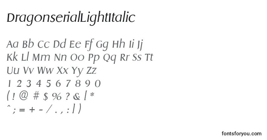 Schriftart DragonserialLightItalic – Alphabet, Zahlen, spezielle Symbole