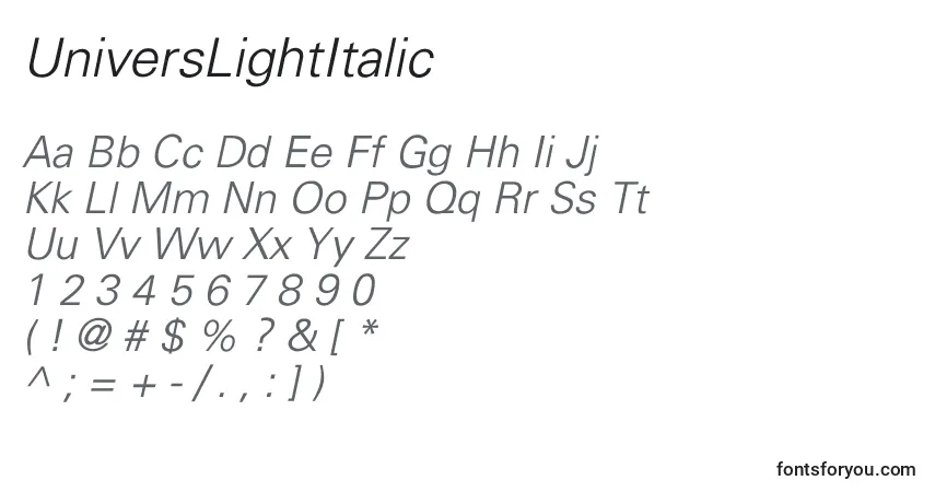 Шрифт UniversLightItalic – алфавит, цифры, специальные символы
