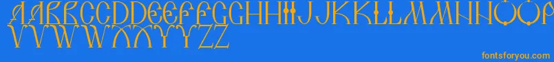 フォントDsRussiaDemo – オレンジ色の文字が青い背景にあります。