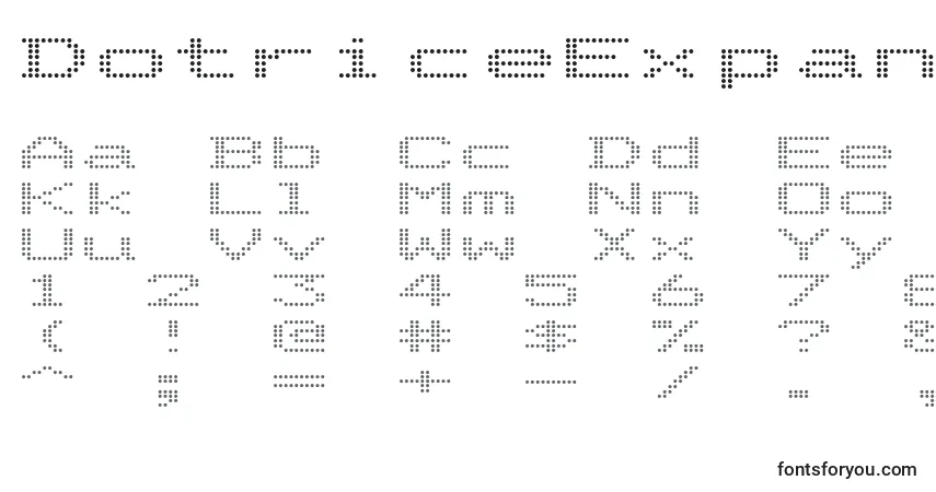 Czcionka DotriceExpanded – alfabet, cyfry, specjalne znaki