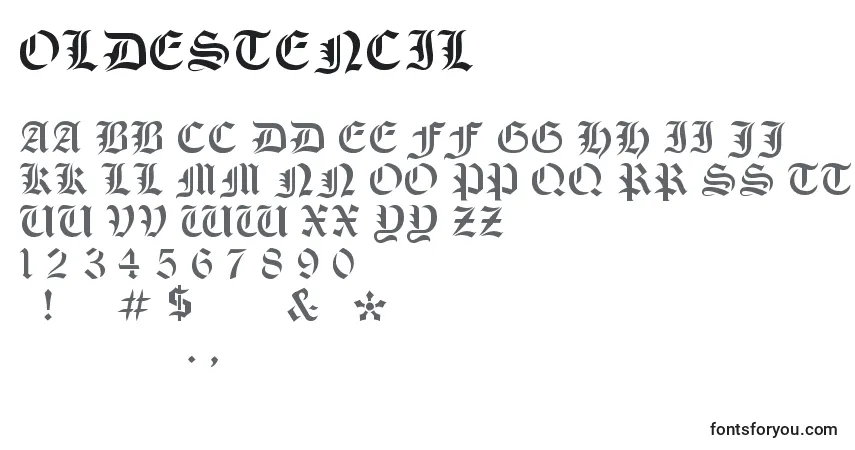 Czcionka OldeStencil – alfabet, cyfry, specjalne znaki