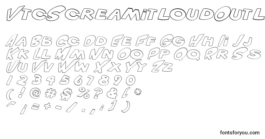 VtcScreamitloudOutlineItalicフォント–アルファベット、数字、特殊文字