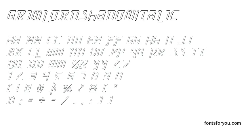 Czcionka GrimlordShadowItalic – alfabet, cyfry, specjalne znaki
