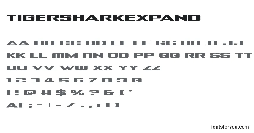 Schriftart Tigersharkexpand – Alphabet, Zahlen, spezielle Symbole