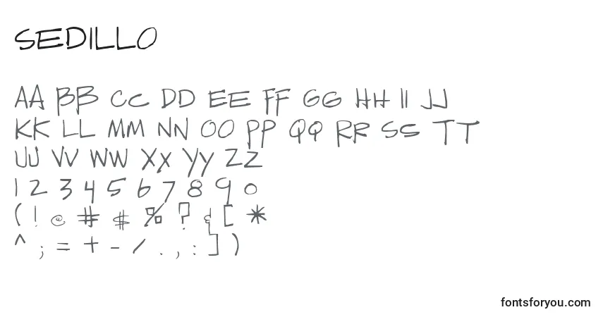 A fonte Sedillo – alfabeto, números, caracteres especiais