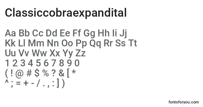 Czcionka Classiccobraexpandital – alfabet, cyfry, specjalne znaki