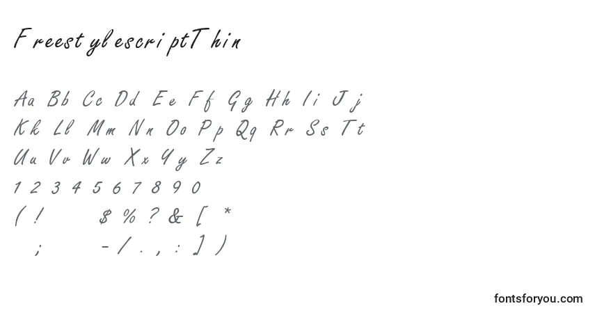 Czcionka FreestylescriptThin – alfabet, cyfry, specjalne znaki