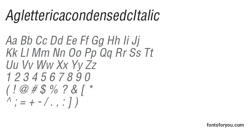 A fonte AglettericacondensedcItalic – alfabeto, números, caracteres especiais