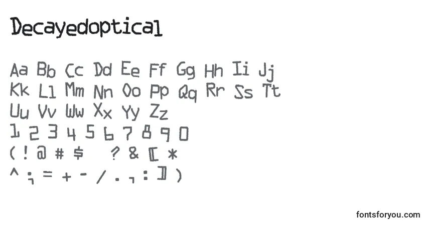 A fonte Decayedoptical – alfabeto, números, caracteres especiais