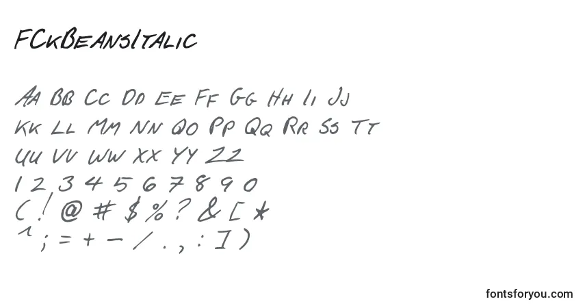 Шрифт FCkBeansItalic – алфавит, цифры, специальные символы