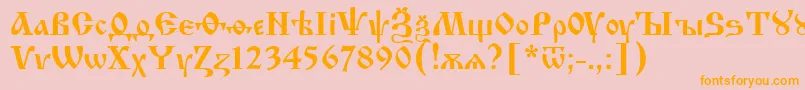 フォントIzhitsaCyrillic – オレンジの文字がピンクの背景にあります。