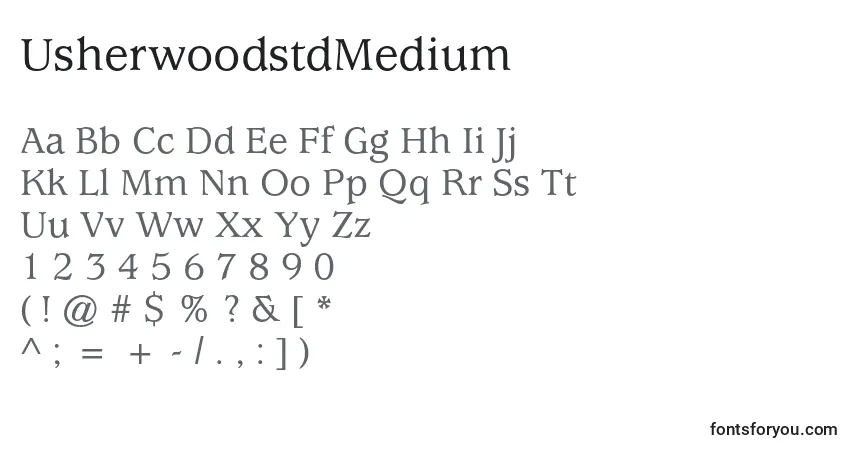 A fonte UsherwoodstdMedium – alfabeto, números, caracteres especiais