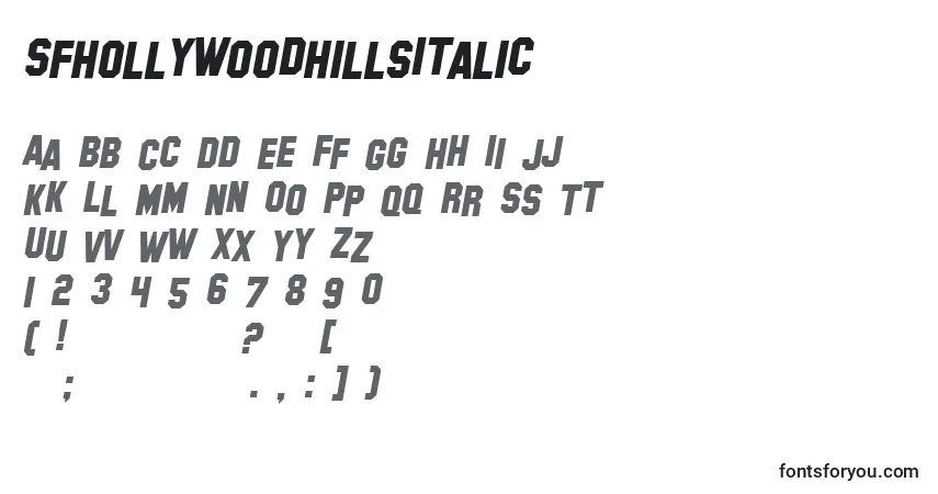 Шрифт SfHollywoodHillsItalic – алфавит, цифры, специальные символы