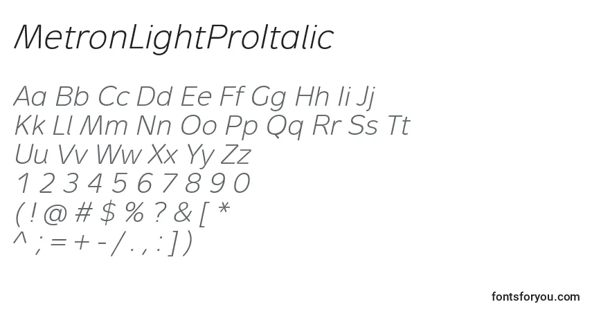 Шрифт MetronLightProItalic – алфавит, цифры, специальные символы