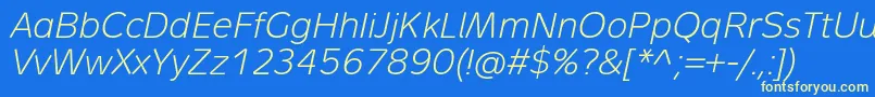 MetronLightProItalic-Schriftart – Gelbe Schriften auf blauem Hintergrund