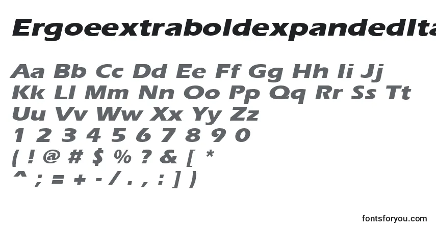 Czcionka ErgoeextraboldexpandedItalic – alfabet, cyfry, specjalne znaki